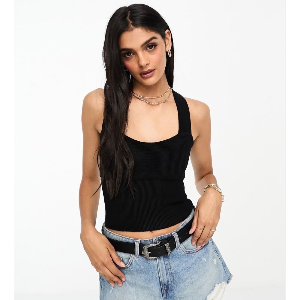 Abercrombie & Fitch Ribbed Cross Back Knit Tank Top Black Size M